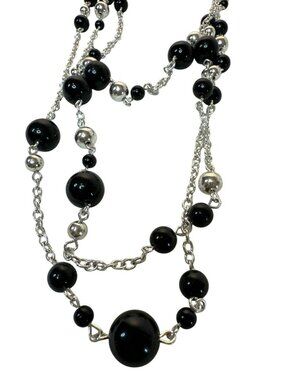 Black Silver Necklace Multi-Strand Beaded Chunky Beads Layered Career Statement
